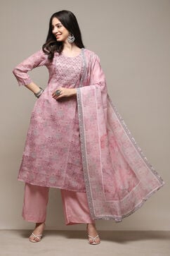 Pink Linen Machine Embroidered Unstitched Suit Set image number 1