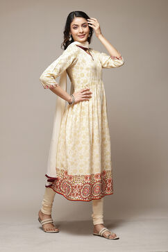 Beige Rayon Gathered Kurta Churidar Suit Set image number 6