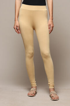 Beige Cotton Blend Solid Leggings image number 5