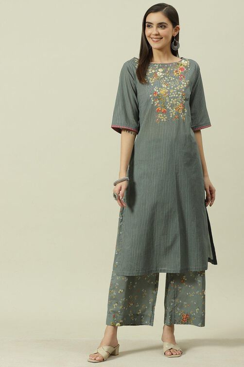 Grey Printed Cotton Straight Kurta Palazzo Suit Set image number 0