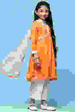 Orange Cotton Printed Flared Kurta White Palazzo & Dupatta image number 6