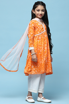 Orange Cotton Printed Flared Kurta White Palazzo & Dupatta image number 6
