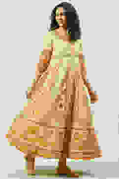 Beige Flared Fusion Printed Dress image number 4