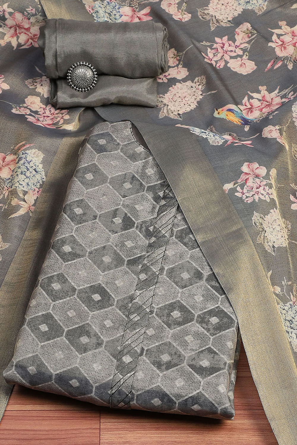 Grey Linen Blend Digital Print Unstitched Suit Set image number 0