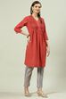 Rust Yarndyed Cotton Straight Kurta Slim Pants Suit Set image number 5