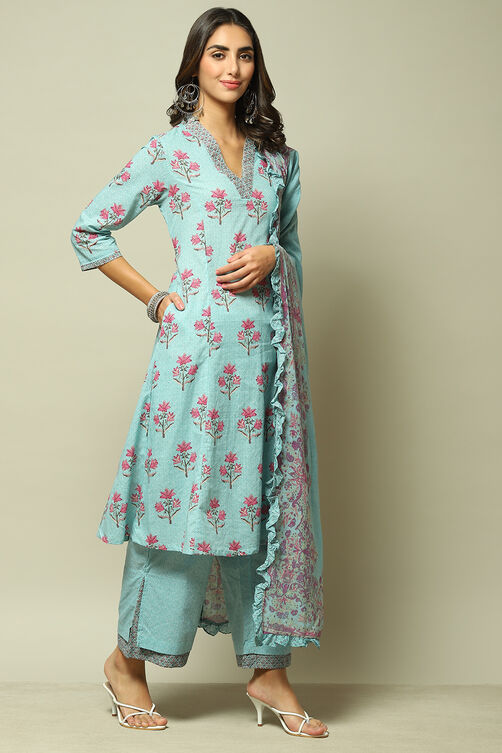 Peach Cotton A-Line Kurta Palazzo Suit Set image number 7