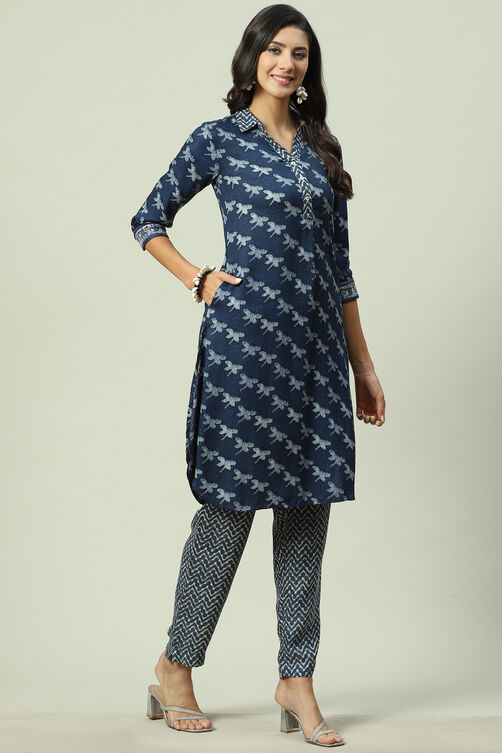 Indigo LIVA Straight Printed Kurta image number 0