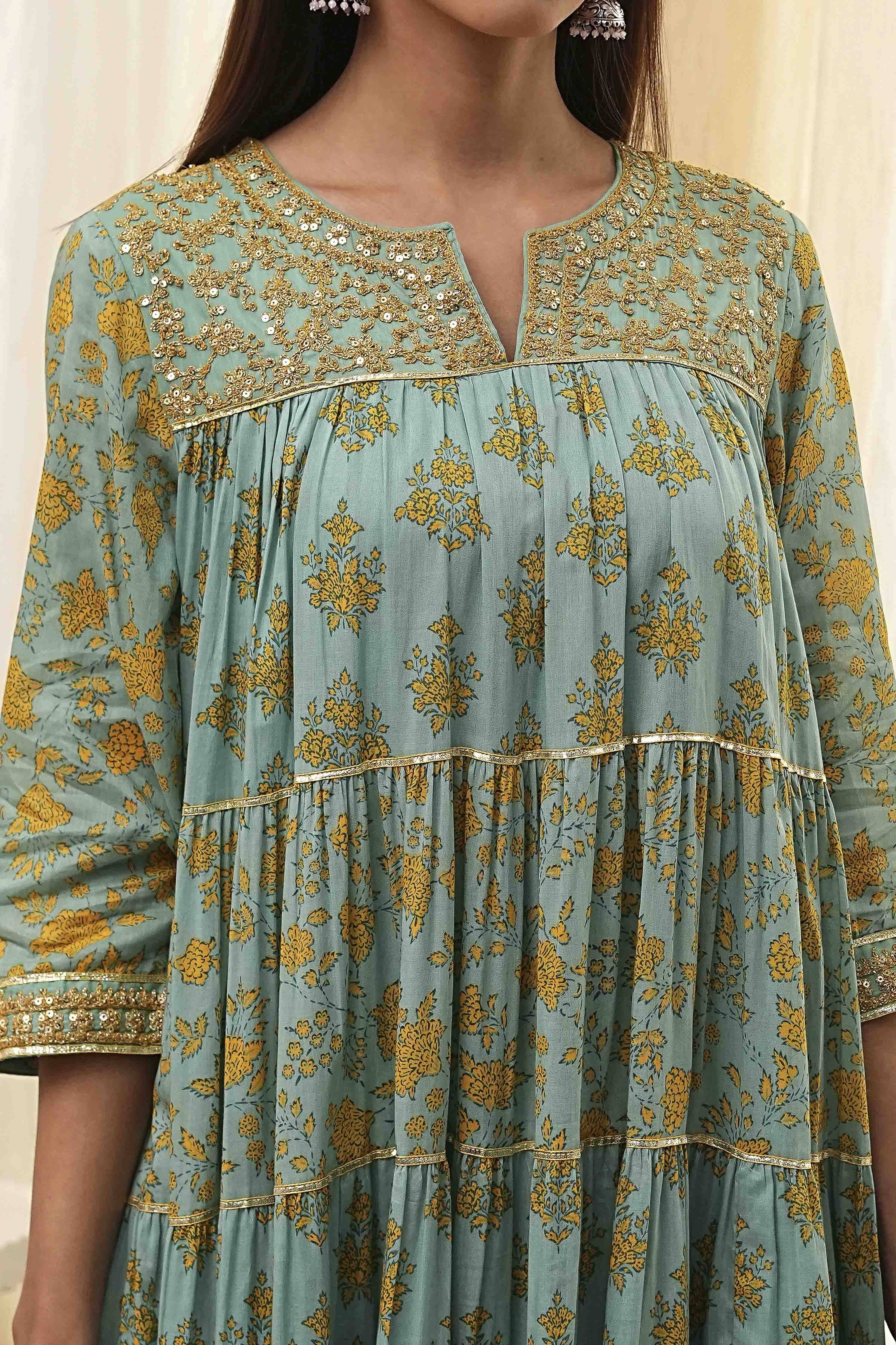 Off-White and Pink Cotton Floral Tiered Suit Set image number 1