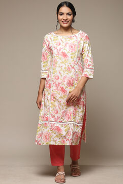 Off White Cotton Straight Printed Kurta image number 4