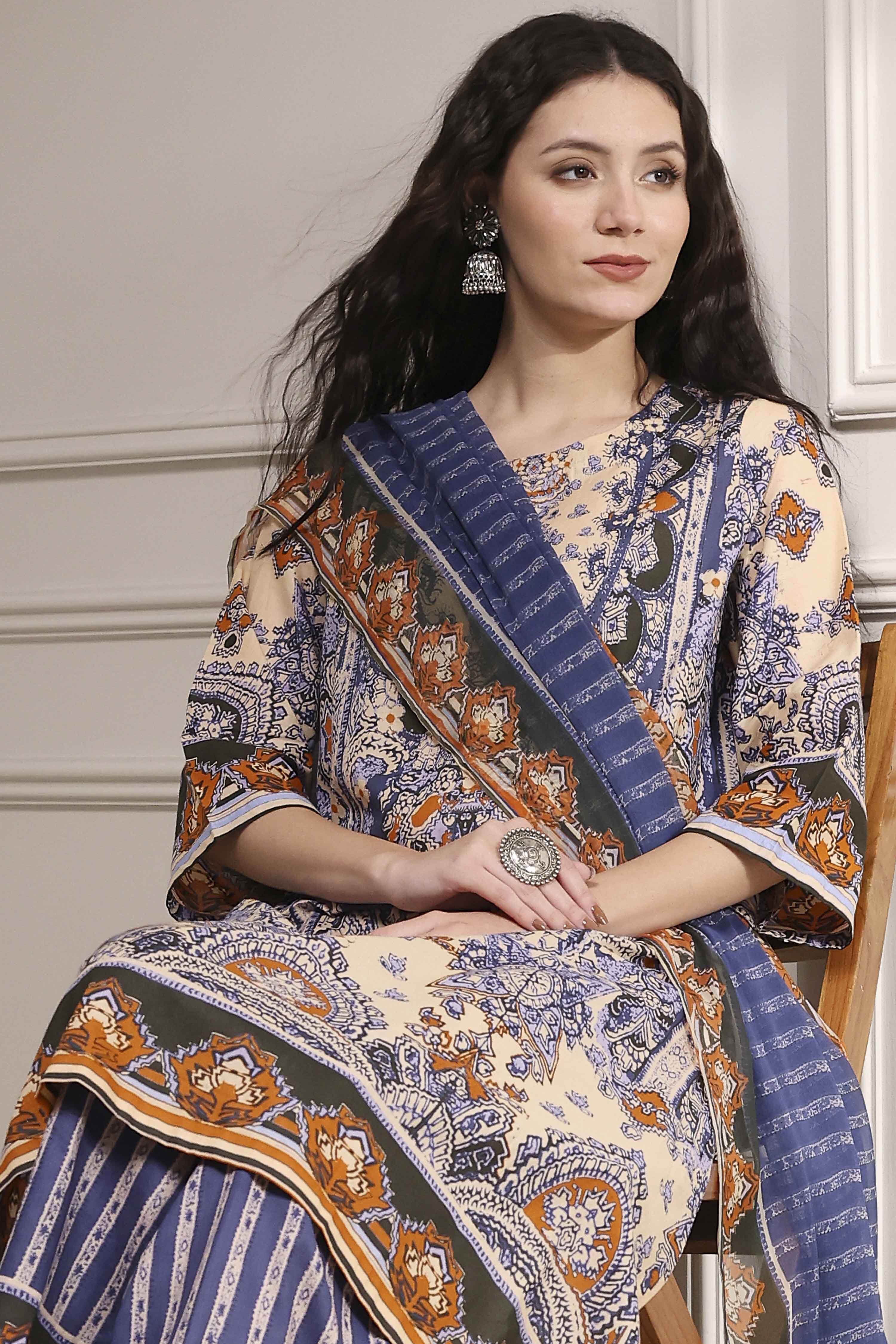 Navy Blue and Beige Cotton Straight Suit Set image number 7