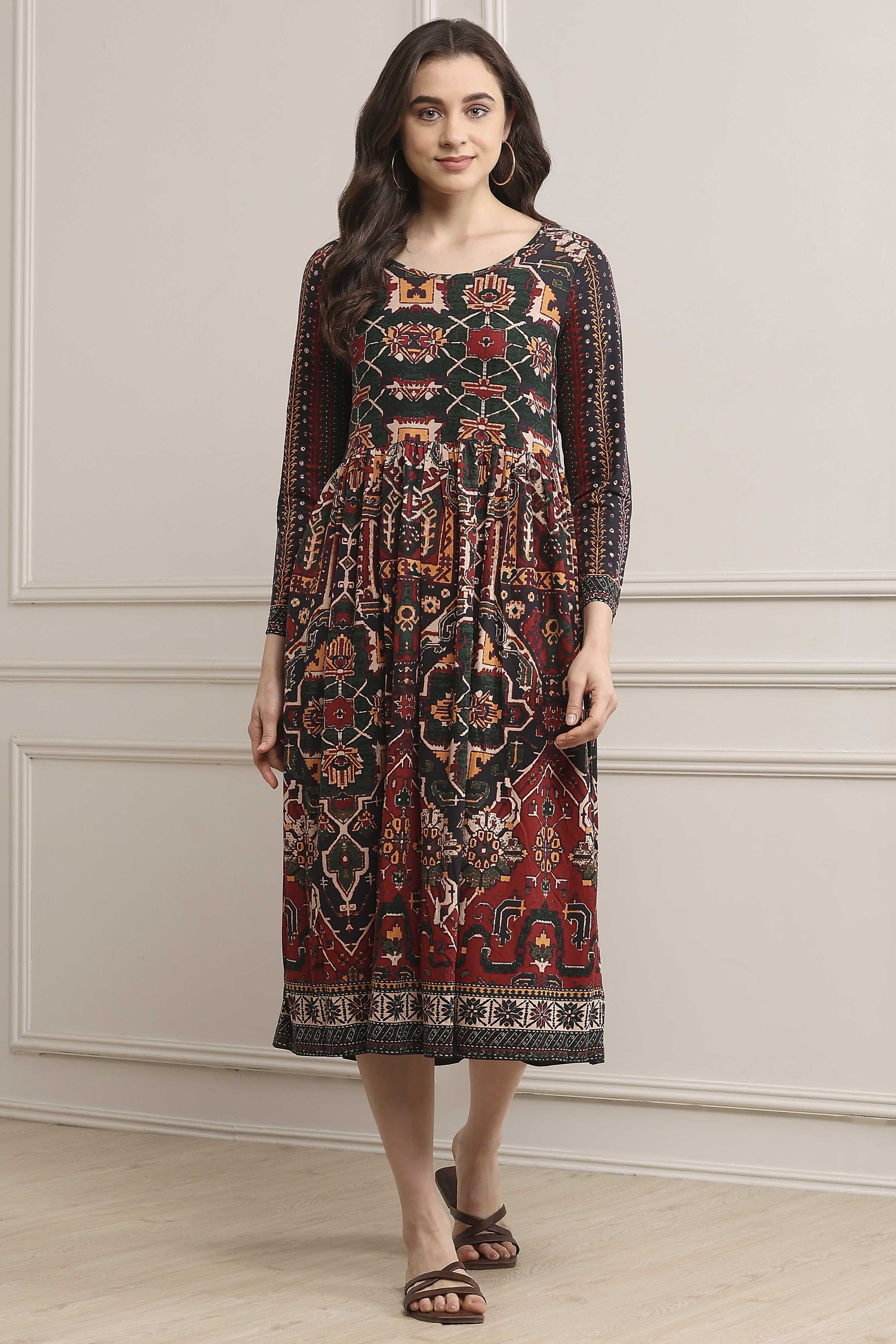 Rust Cotton Blend Flared Printed Dress image number 5