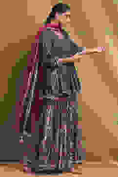 Navy Blue Viscose Floral Peplum Suit Set image number 5