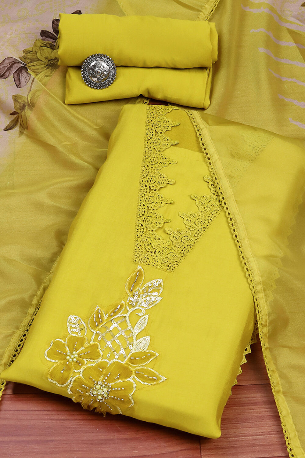 Mustard Silk Blend Unstitched Suit Set image number 0