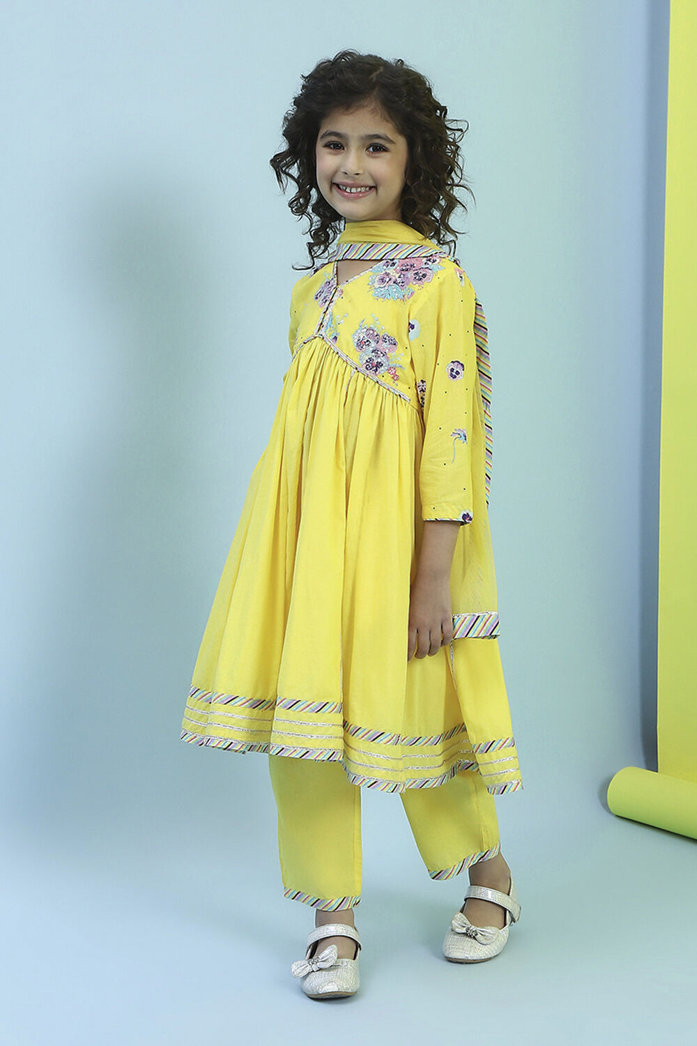 Yellow Cotton Embroidered Gathered Suit Set image number 3
