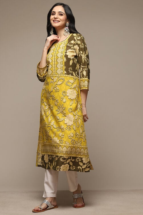 Olive Green LIVA Straight Printed Kurta image number 0