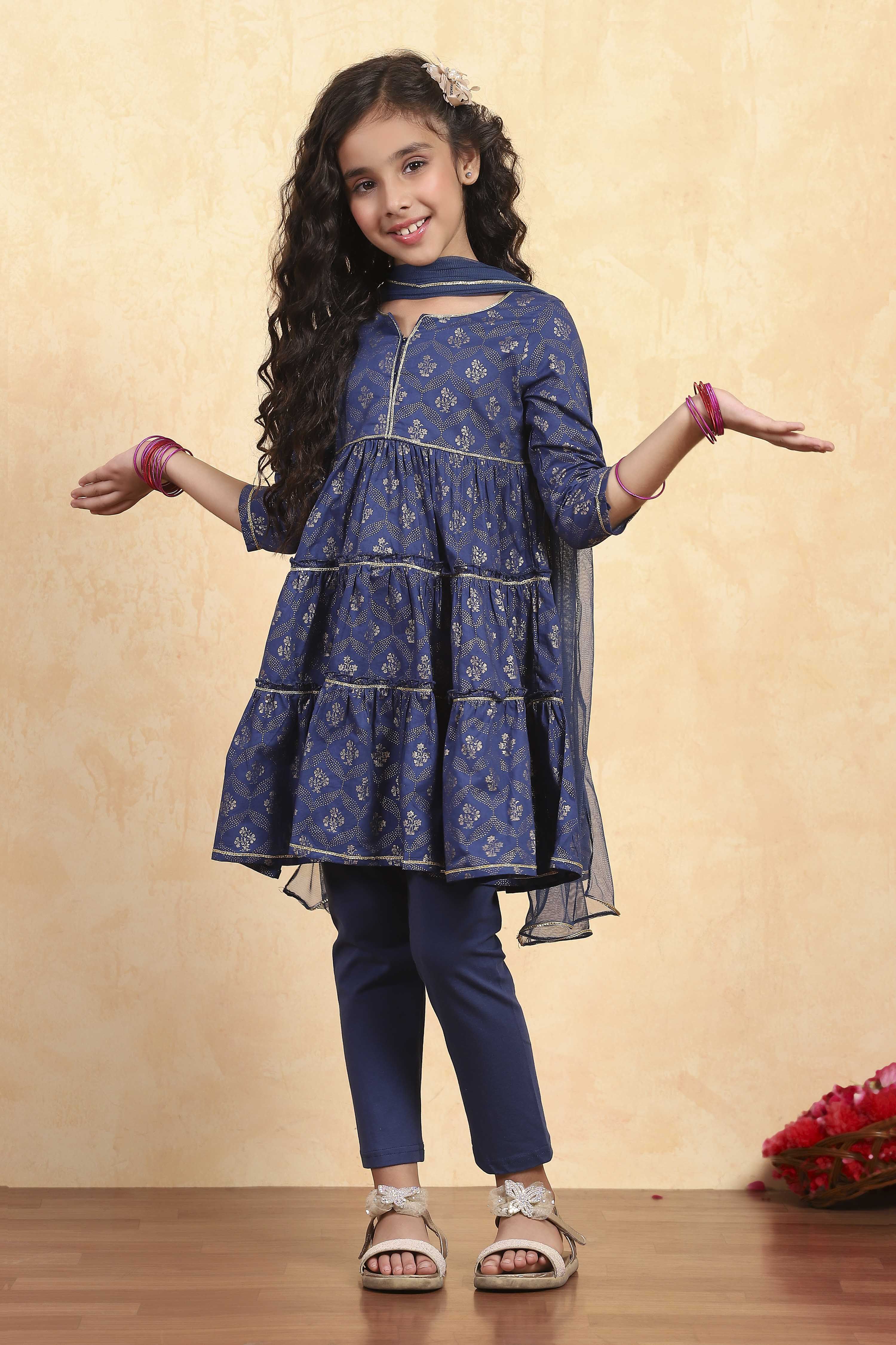 Blue Cotton Tiered Printed Kurta Churidar Set image number 6