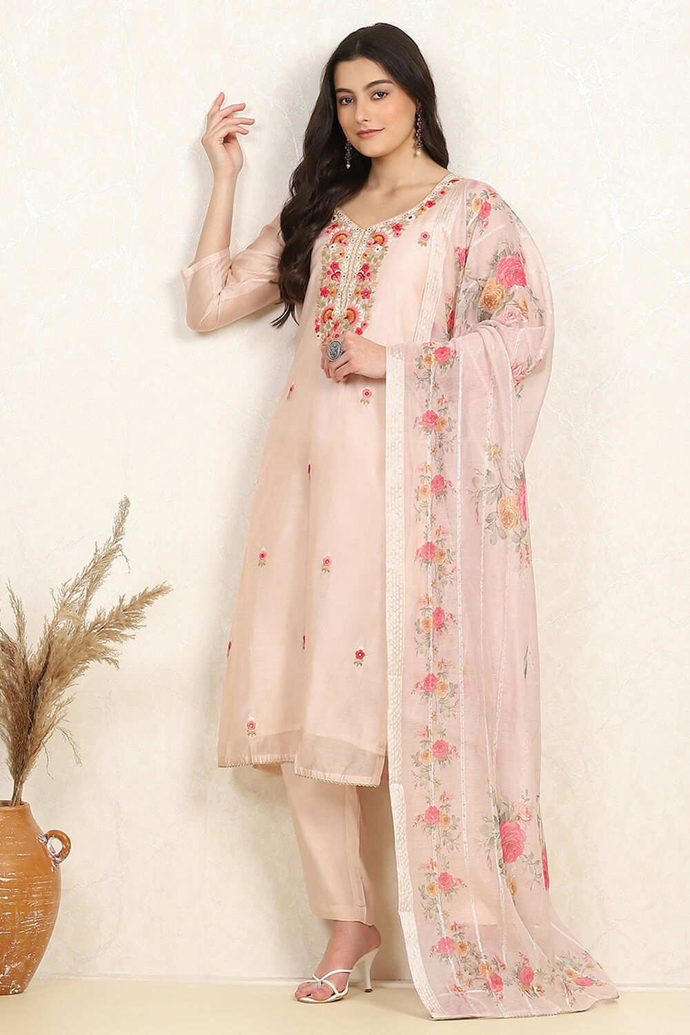 Off White Chanderi Machine Embroidered Unstitched Suit Set image number 1