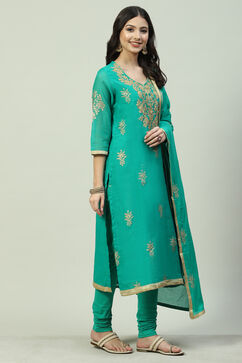 Turquoise Art Silk Straight Kurta Churidar Suit Set image number 5