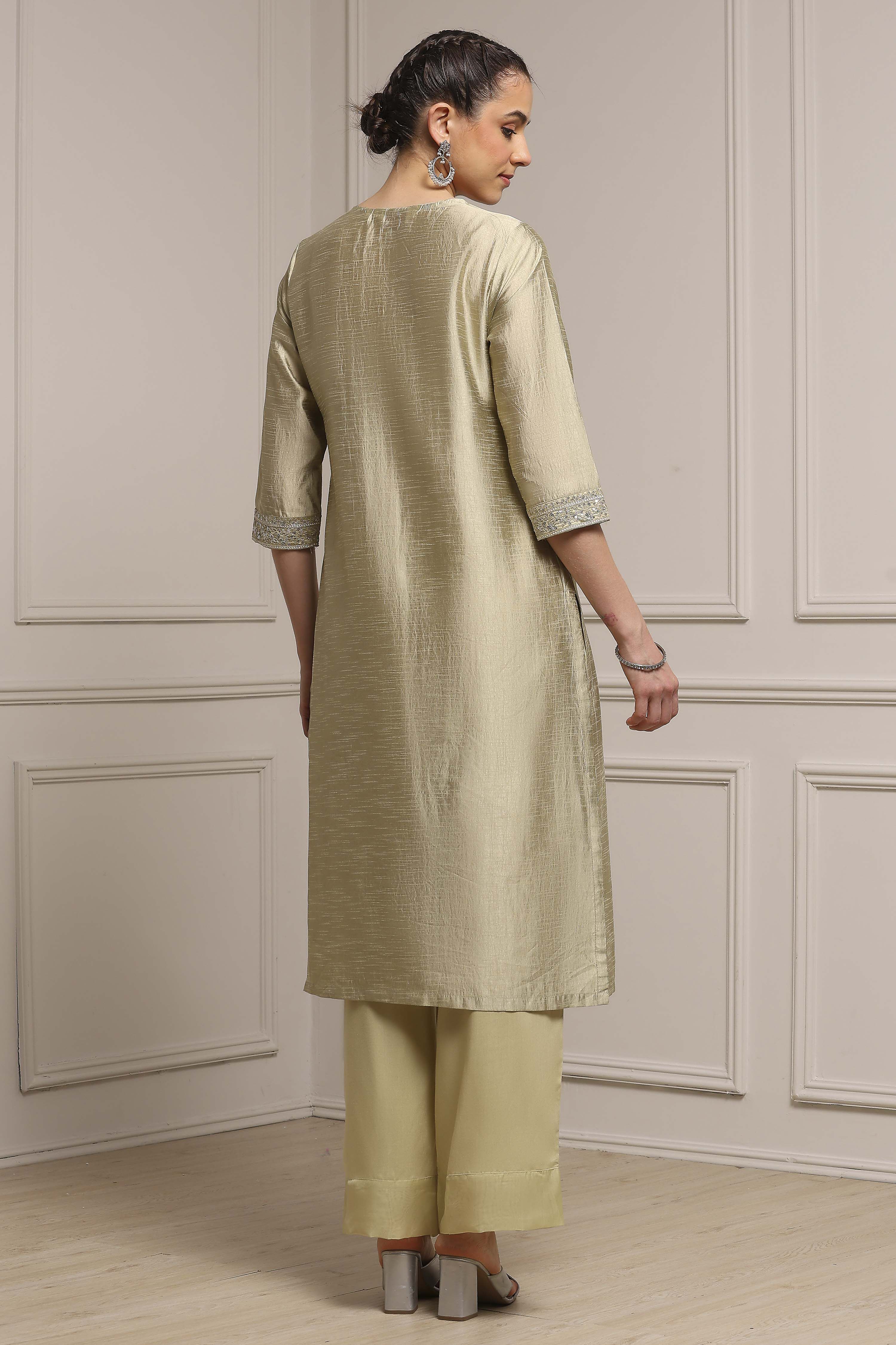 Light Green Art Silk Embroidered Straight Suit Set image number 4