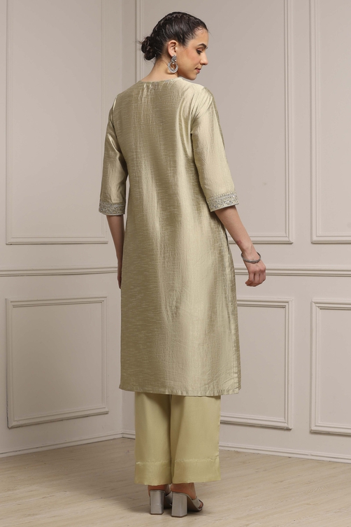 Light Green Art Silk Embroidered Straight Suit Set image number 4