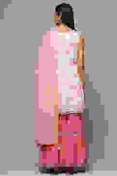 Off White & Peach Cotton Straight Kurta Garara Suit Set image number 2