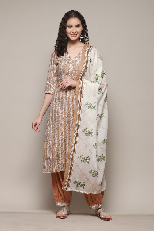 Beige Cotton Printed Unstitched Suit Set image number 8