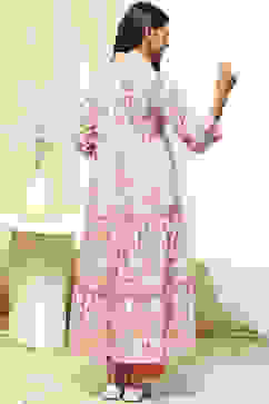 Pink and Off-White Cotton Printed Gathered Kurta Set image number 4