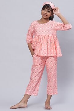 Blush Pink Straight Cotton Three Piece Printed Sleepwear Set image number 3