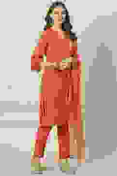Soft Red Straight Kurta Relaxed Pants Suit Set image number 0