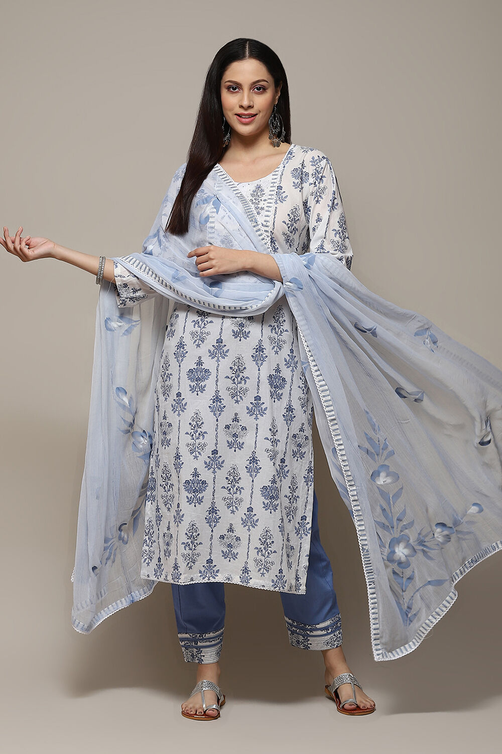 Blue Cotton Schiffly Unstitched Suit Set image number 1