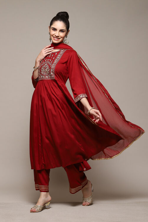 Green & Maroon Rayon Gathered Kurta Palazzo Suit Set image number 5