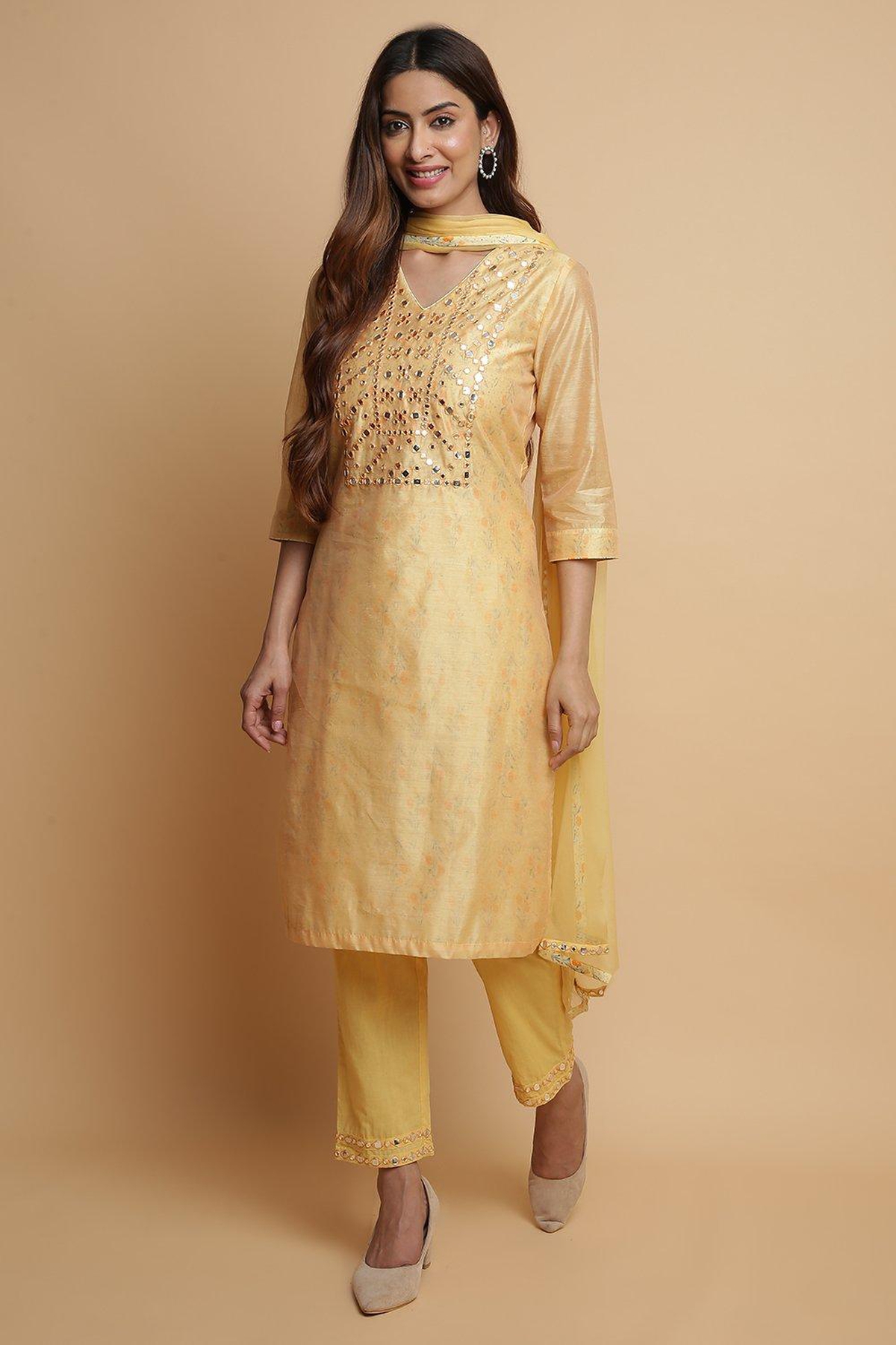 Biba by Rohit Bal Mango Yellow Cotton Blend Straight Kurta Pants Suit Set