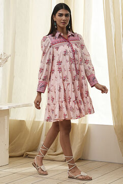 Peach-Colored Cotton  Floral Tiered Dress image number 4