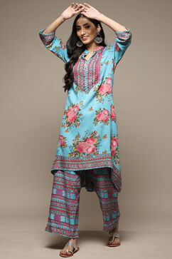 Turquoise Rayon Asymmetric Kurta Palazzo 2 Piece Set image number 5