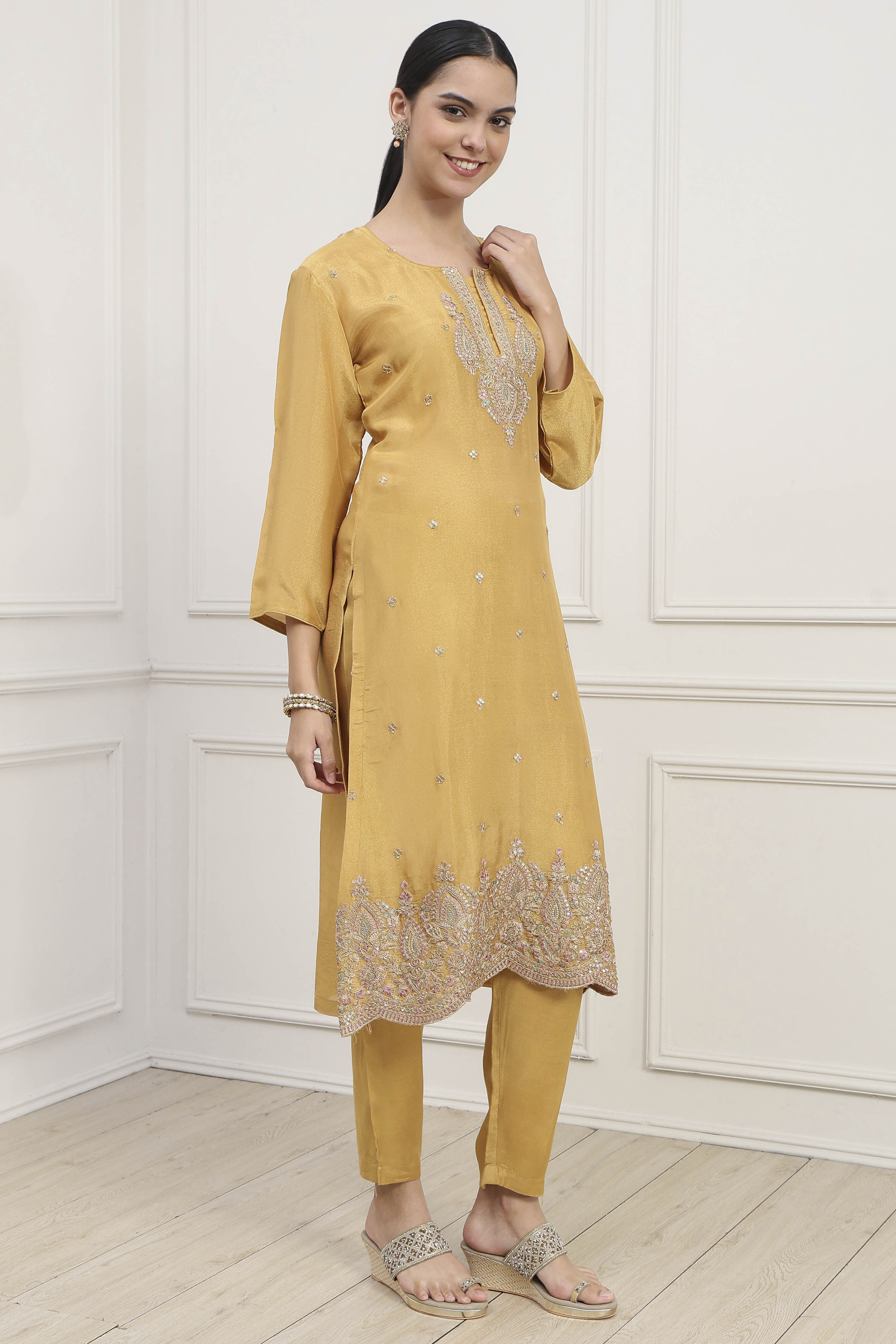 Mustard Silk Blend Machine Embroidered Unstitched Suit Set image number 6