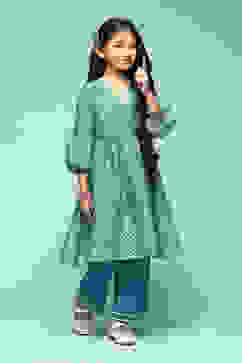 Green Polyester Gathered Printed 2 Piece Set image number 5