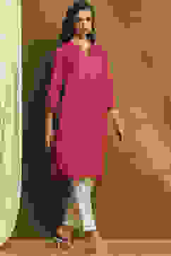 Pink Cotton Blend Solid Straight Kurta image number 4
