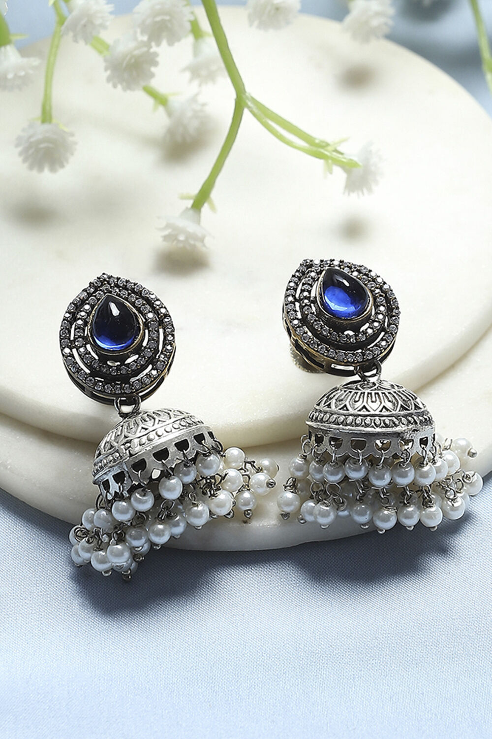 Navy Blue Stone-Studded Oxidised Jhumkas image number 0