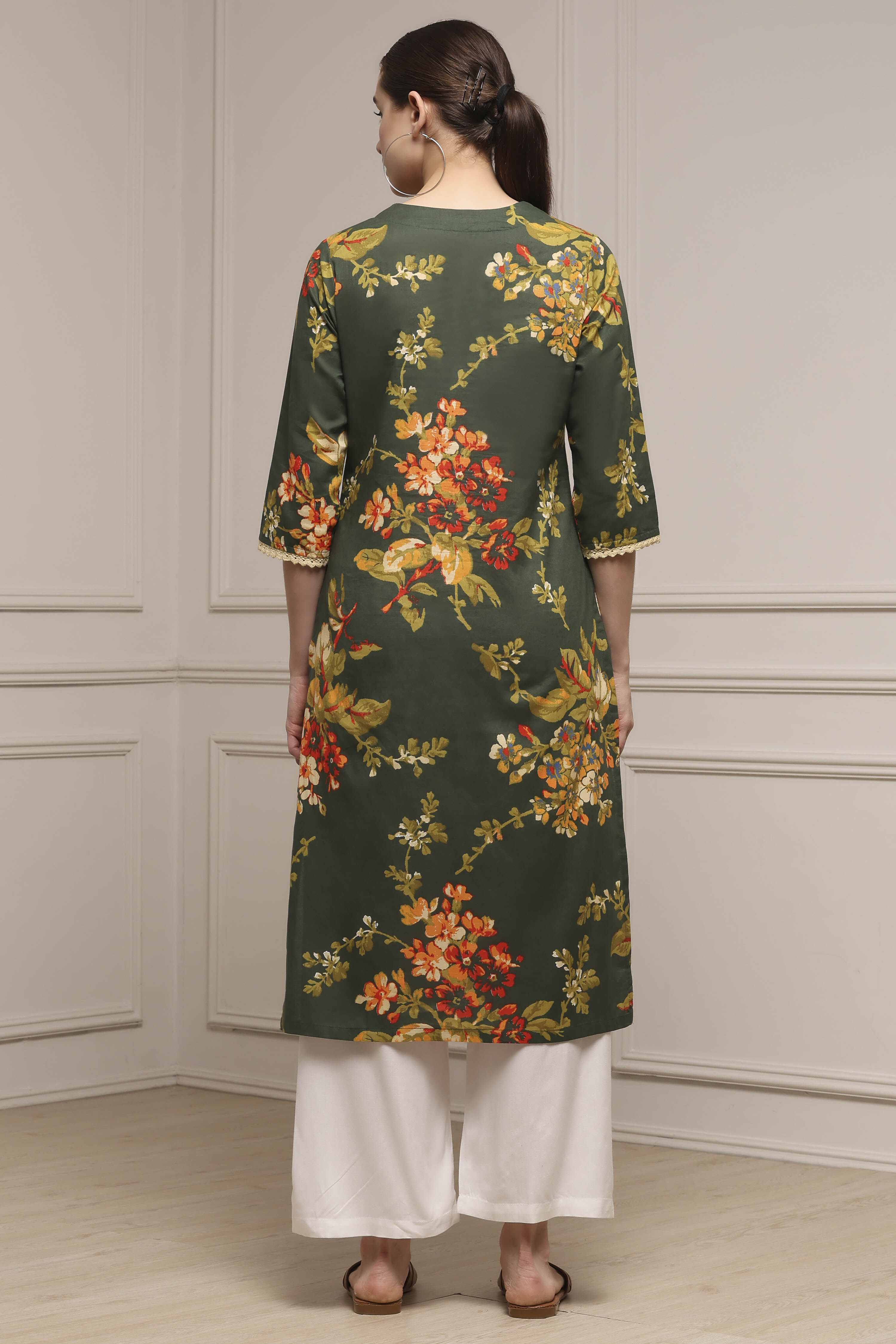 Olive Green Cotton Straight Printed Kurta image number 3