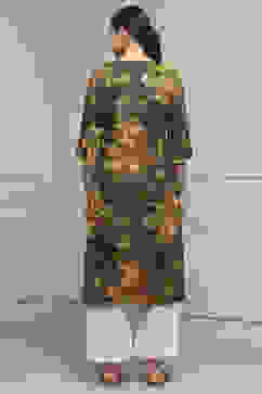 Olive Green Cotton Straight Printed Kurta image number 3