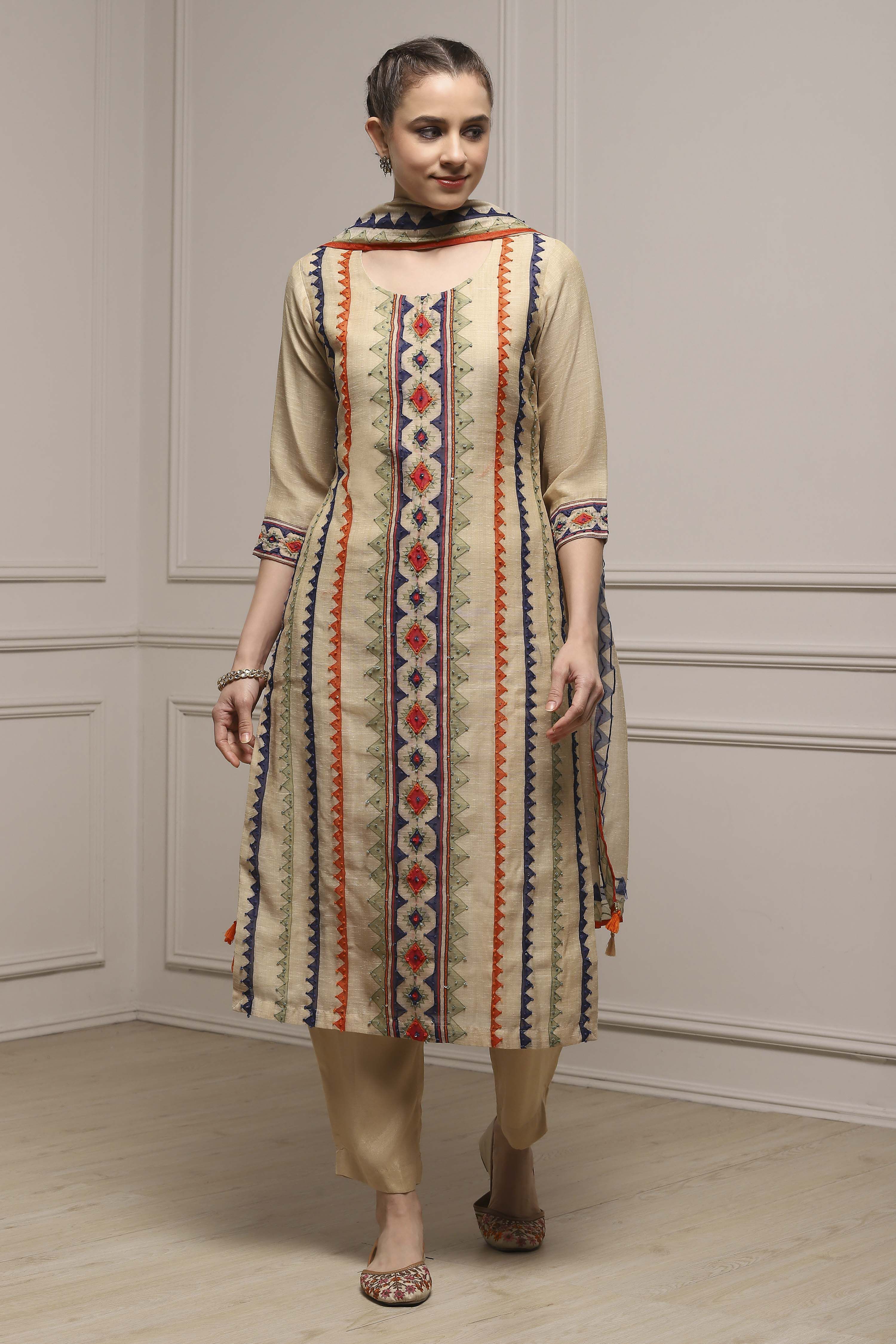 Beige Linen Blend Hand Painted Unstitched Suit Set image number 1