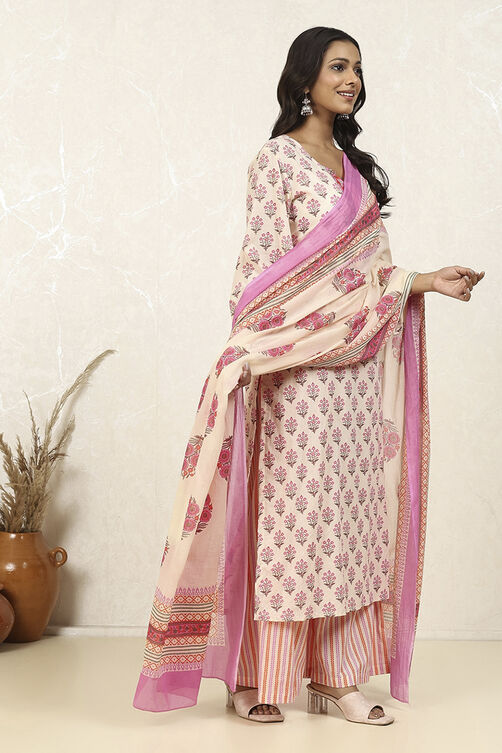 Pink Cotton Printed Unstitched Suit Set image number 6