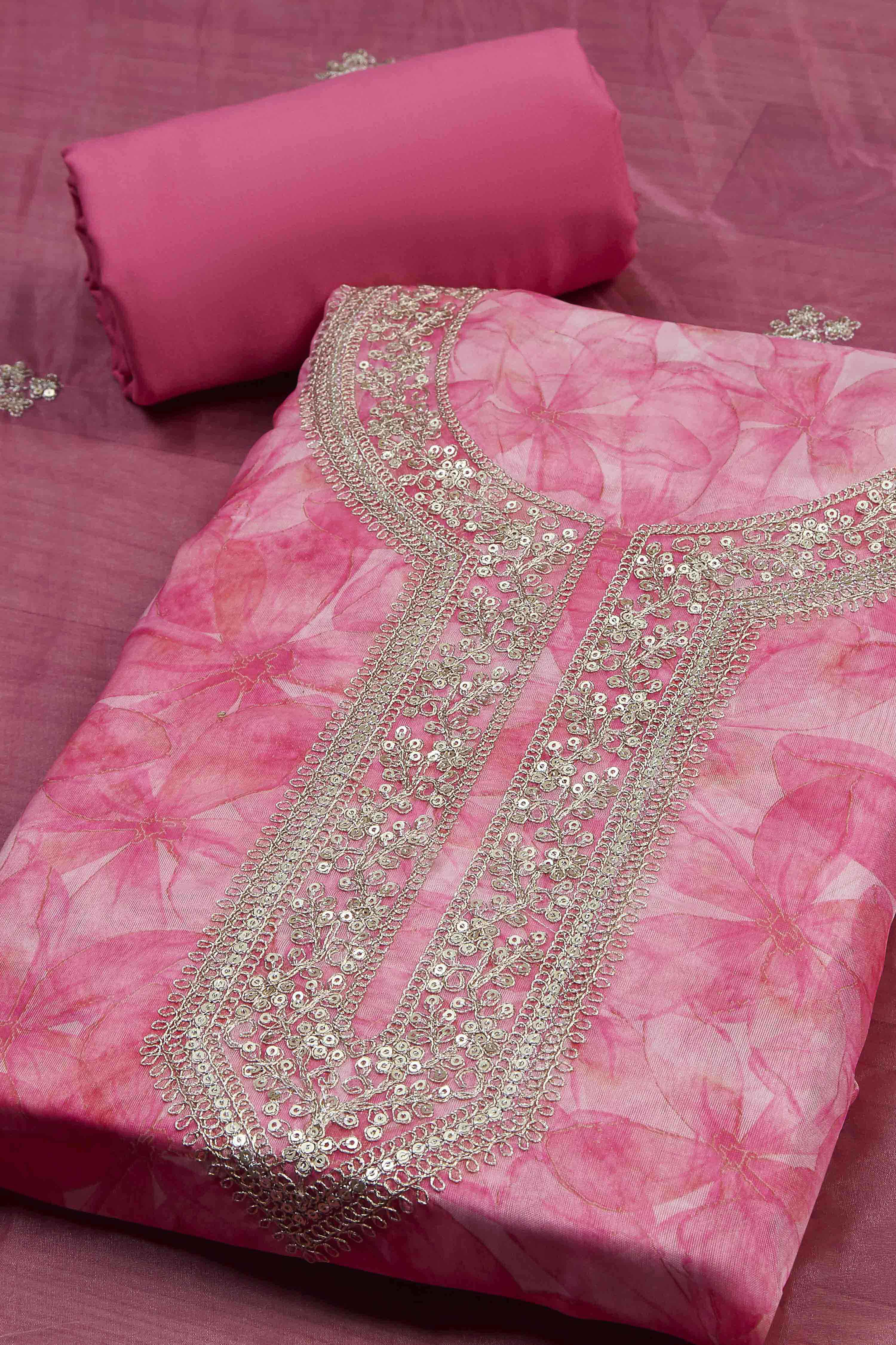 Pink Organza Rajasthani Print Unstitched Suit Set image number 1