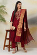 Maroon Poly Viscose Straight Kurta Slim Pant Suit Set image number 0