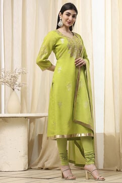 Mehandi Green Poly Chanderi Fitted Suit Set image number 3