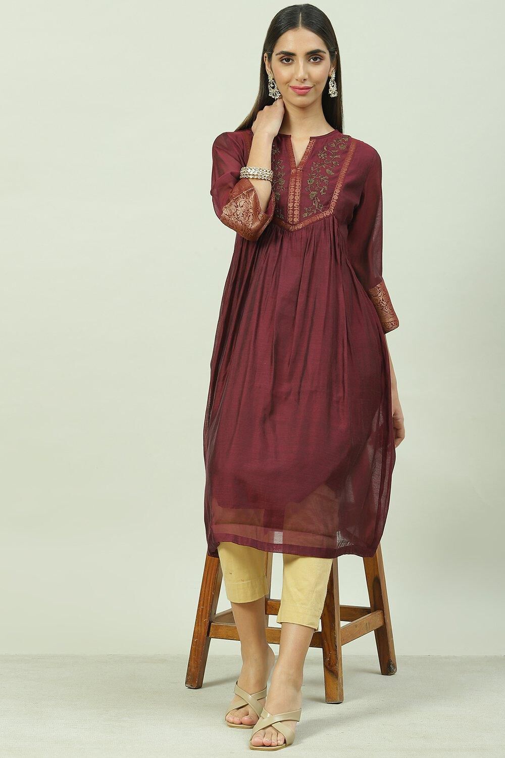 Wine Art Silk A-Line Yarndyed Kurta image number 5
