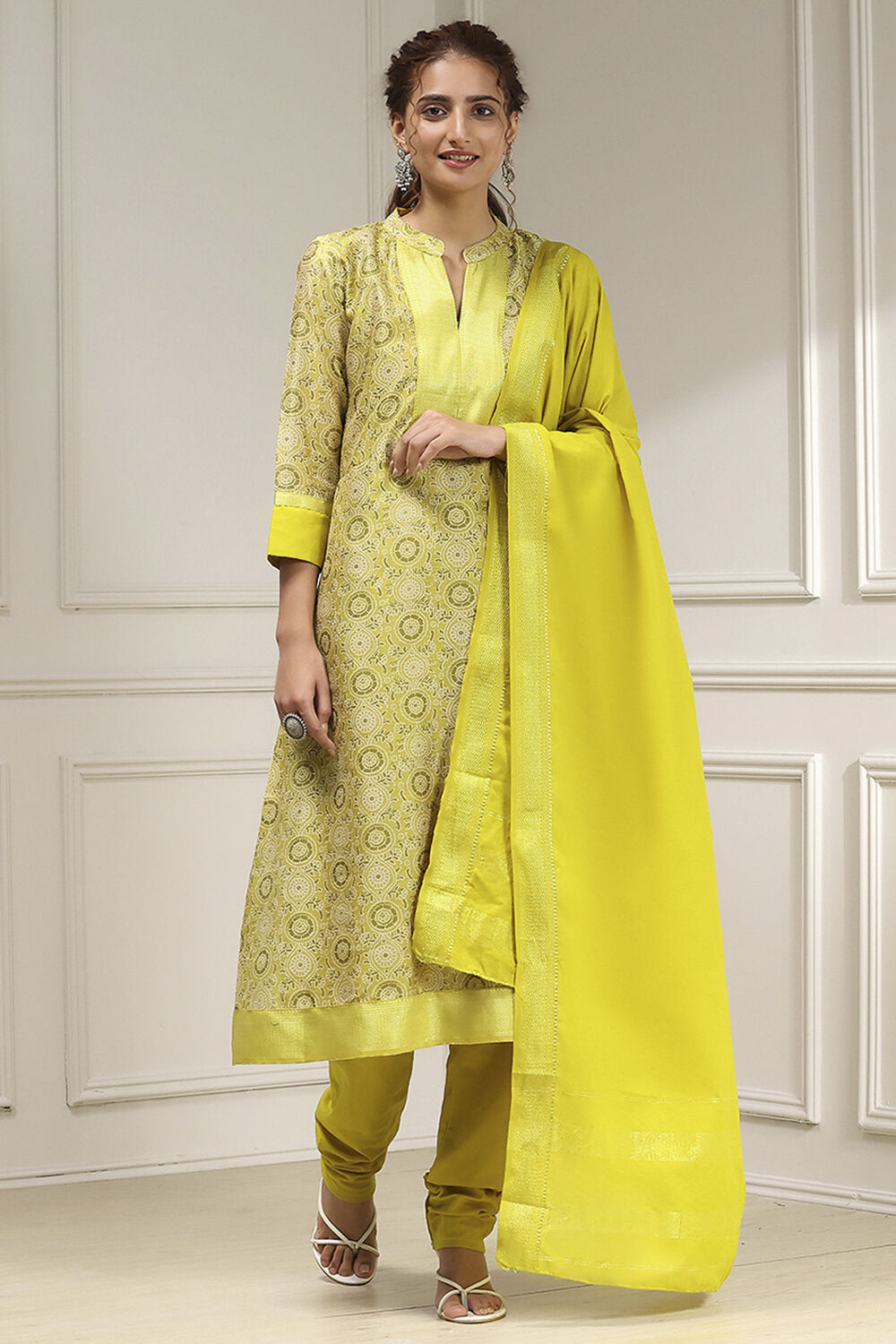 Yellow Cotton Digital Print Unstitched Suit Set image number 1