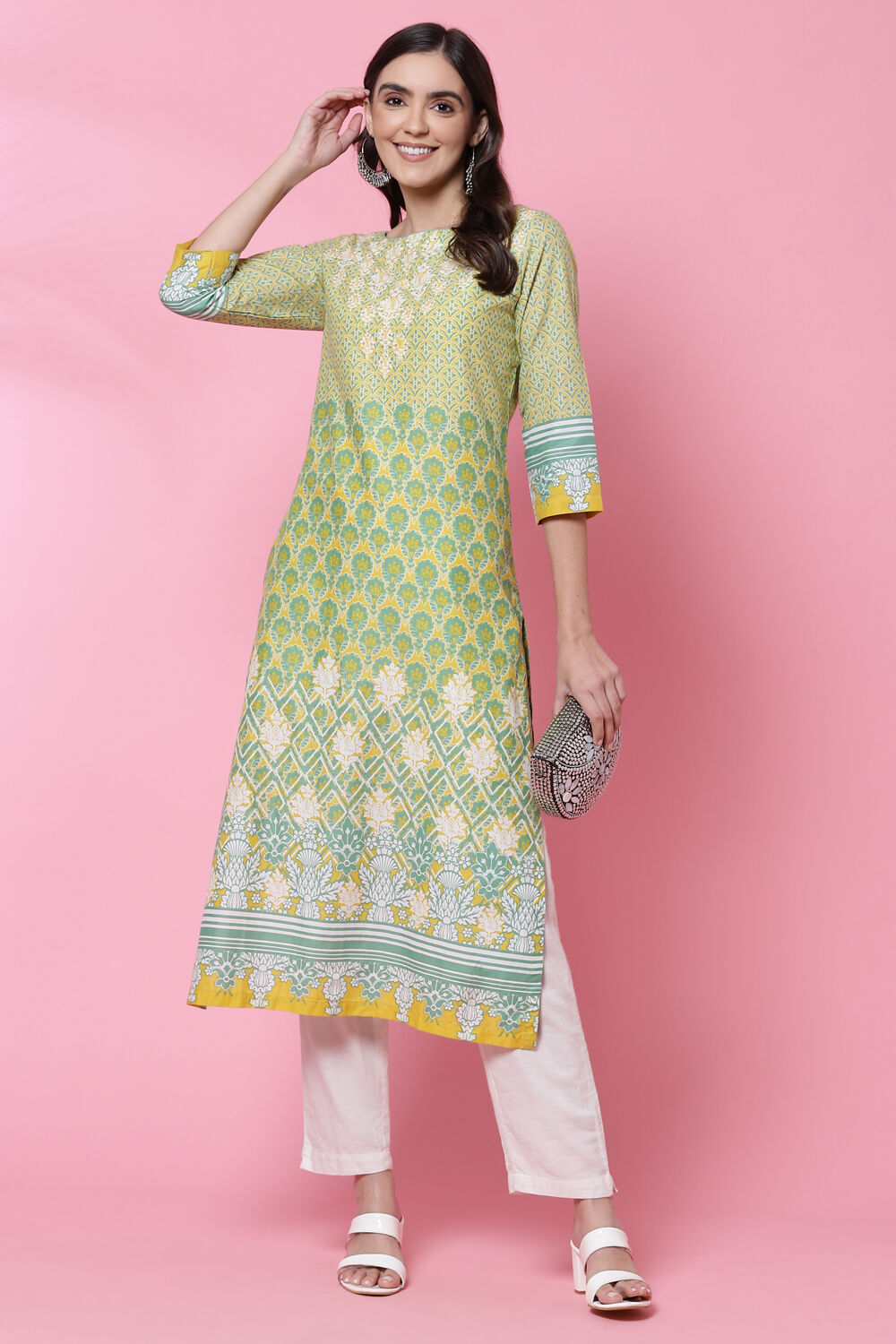 Lime Yellow Cotton Straight Kurta image number 5