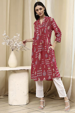 Pink Cotton Printed A-Line Kurta image number 0