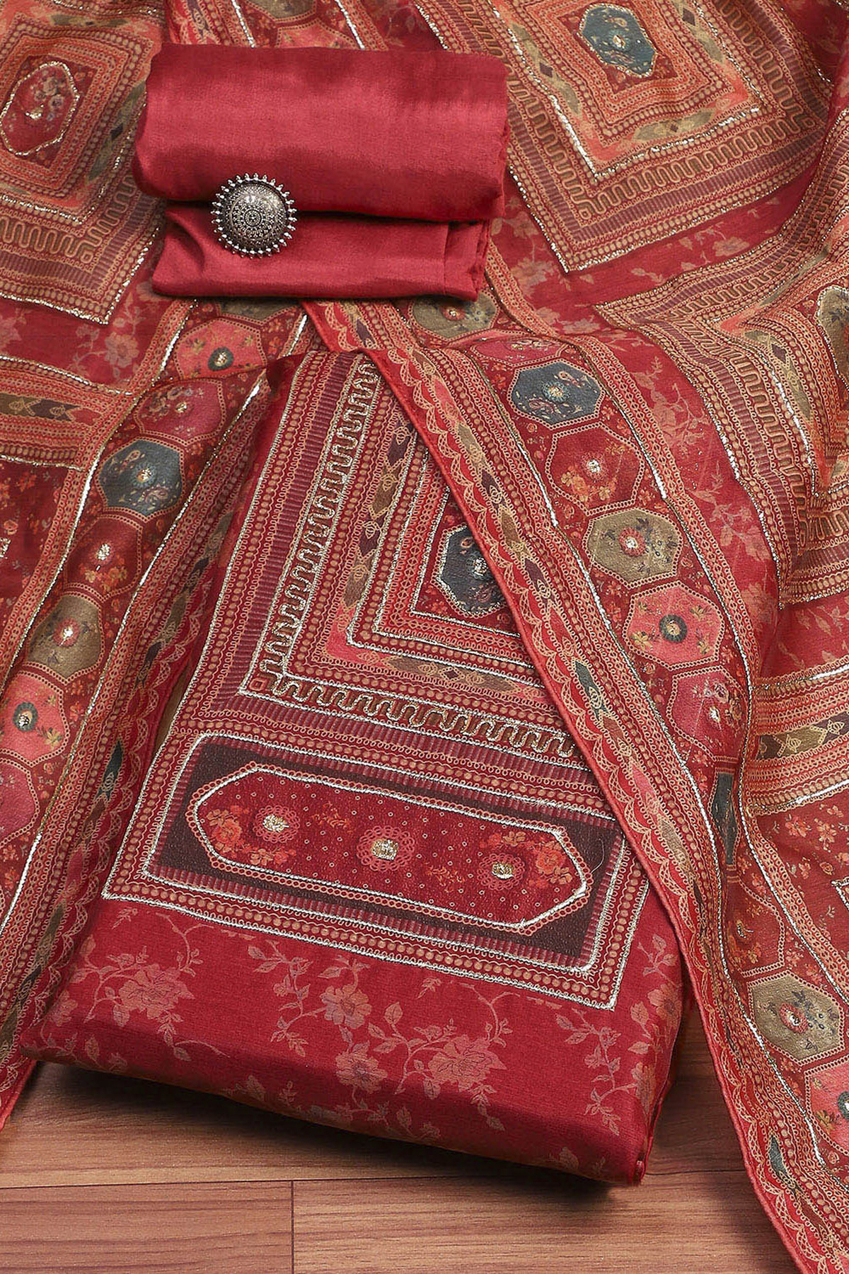 Pink Chanderi Floral Printed Unstitched Suit Set
